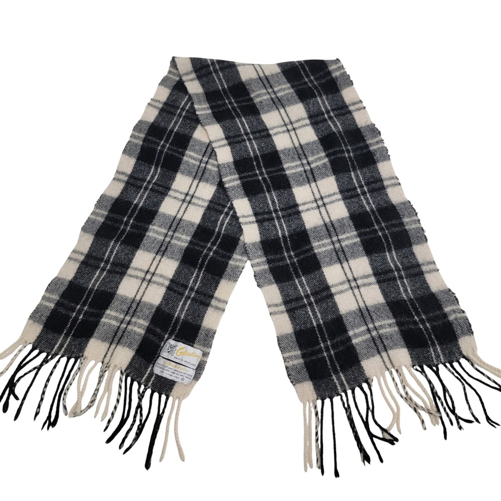 Glentana Scotland Black White Plaid 100%‎ Lambswool Fringed Winter Scarf Unisex